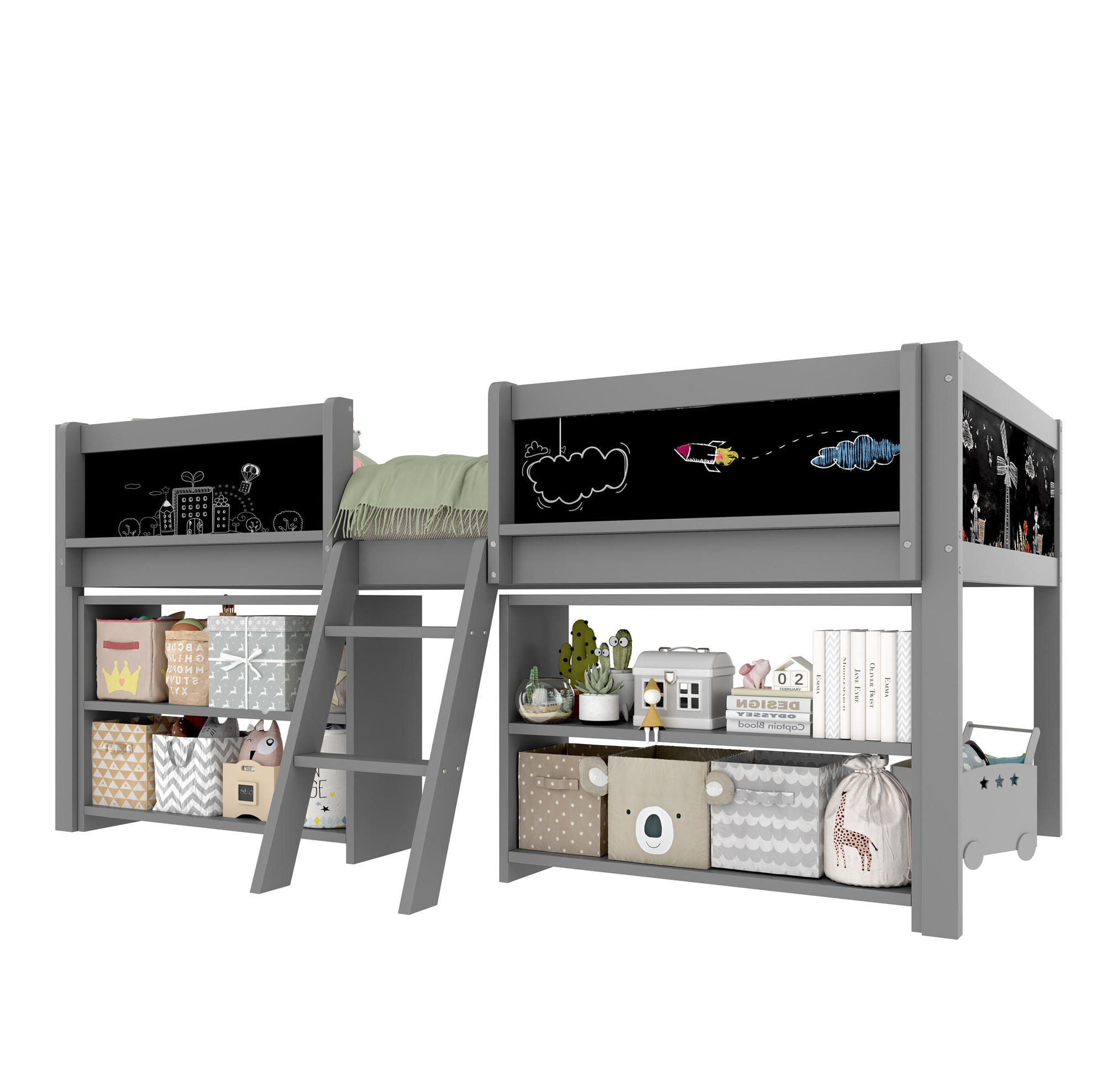 HALBHOHES Bett 90/200 cm grau aus Kiefernholz und MDF mit Stauraum - Grau, Holzwerkstoff (90/200cm) - OKWISH