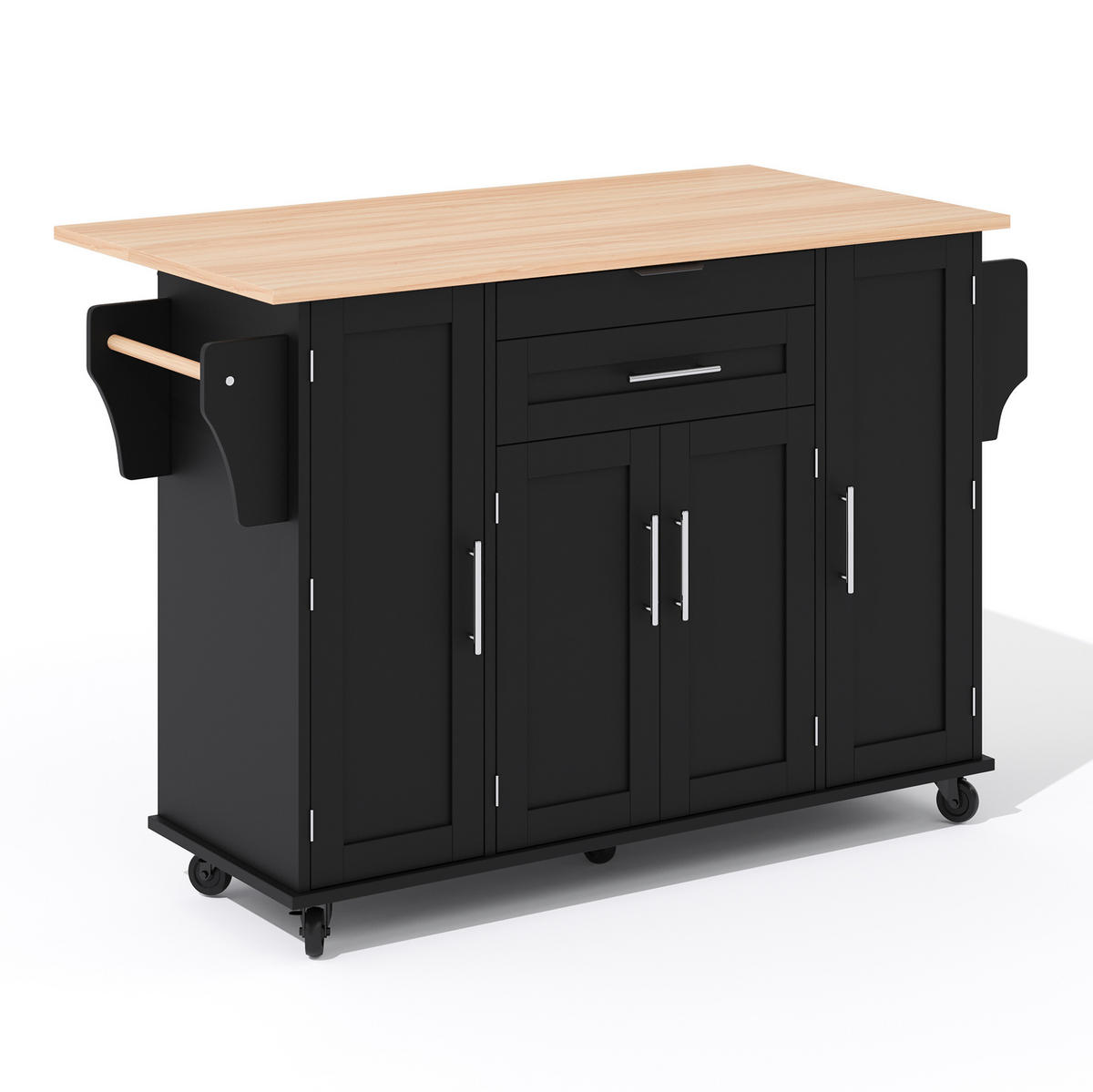 KÜCHENINSEL aus MDF 136x70x92 cm Schwarz/Natur mit ausziehbarer Arbeitsplatte, Rollen und viel Stauraum - Schwarz, Holzwerkstoff (136/92/70cm) - Modfu
