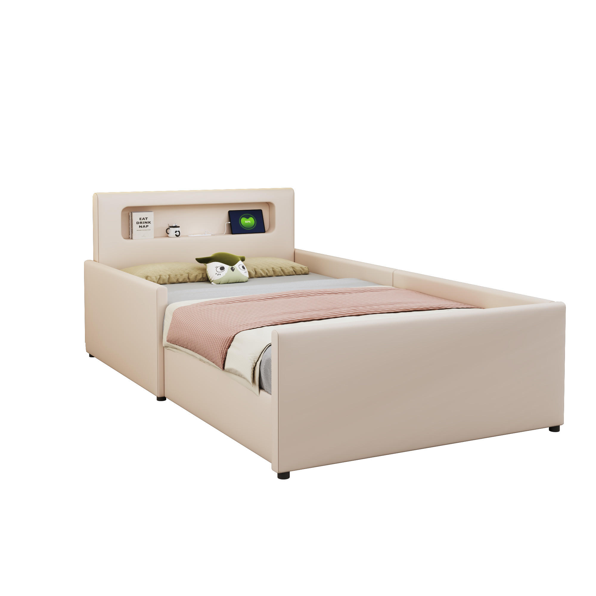 KINDERBETT 90/200 cm Beige mit LED-Beleuchtung USB-Anschluss und Stauraumschubladen - Beige, Textil (90/200cm) - OKWISH