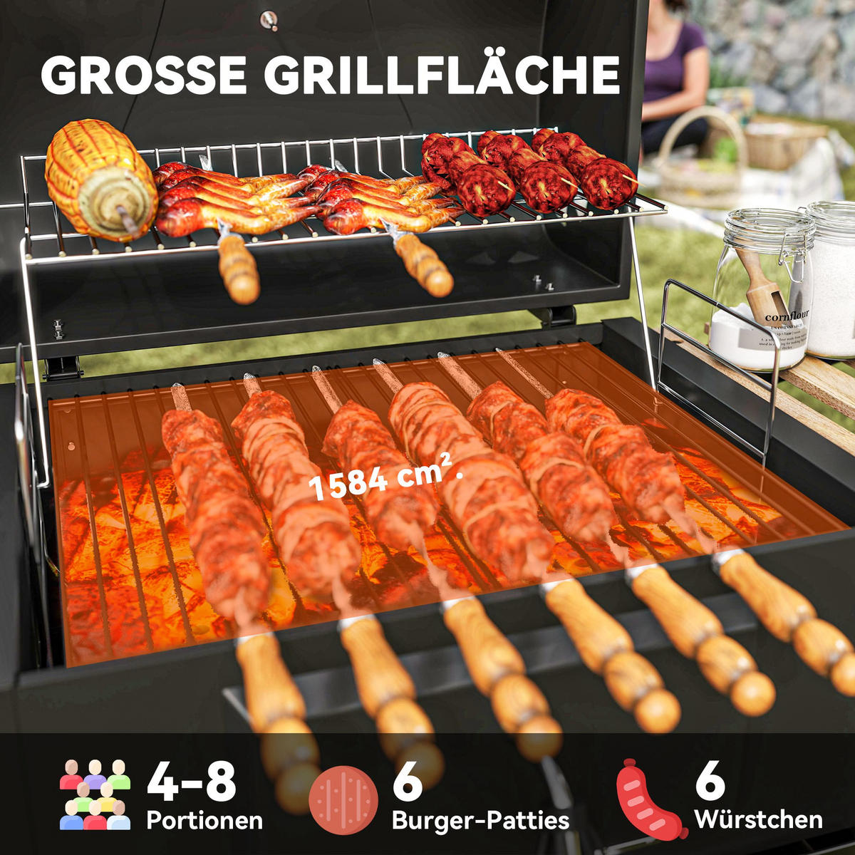 HOLZKOHLEGRILL DE-10325 höhenverstellbare Kohlenpfanne Schwarz - Schwarz, Metall (58/107/112cm) - ComfortXL