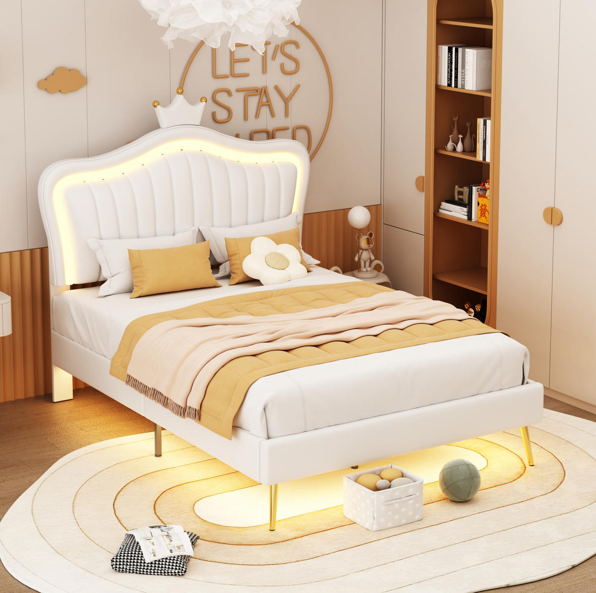 KINDERBETT 90/200 cm in Weiß mit LED-Beleuchtung und Muschel-Kopfteil - Weiß, Textil (90/200cm) - Flora Grace