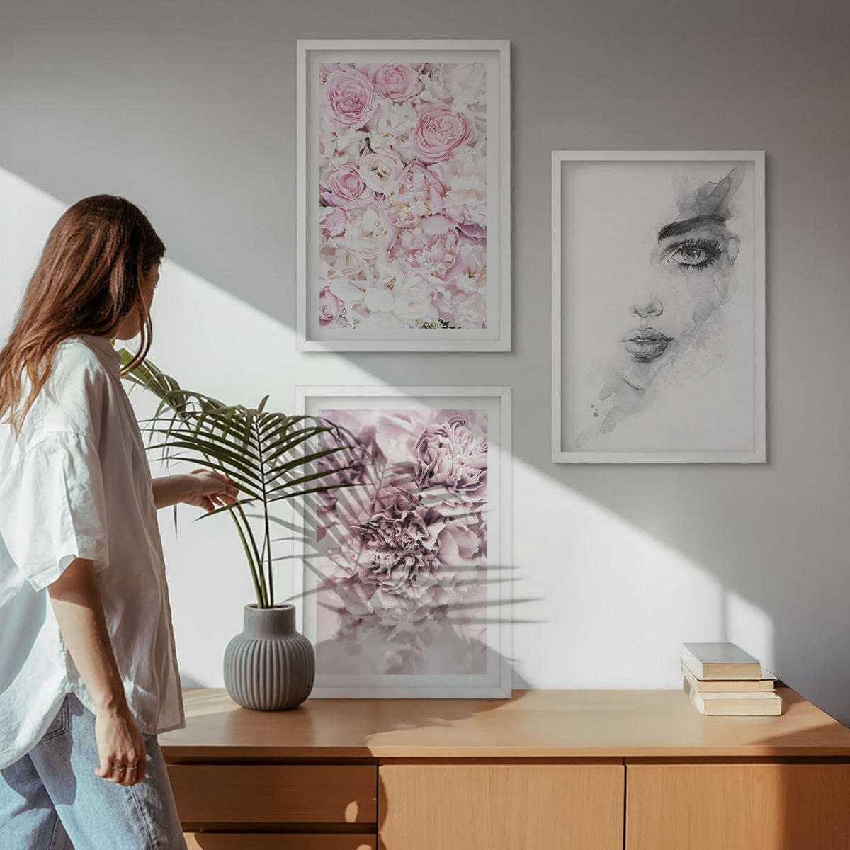 BILDER SET 3er Set - 40x60 cm Weißer Rahmen - Pfingstrosenporträt einer Frau in Schwarzweiß - Weiß, Kunststoff (40/60cm) - TULUP