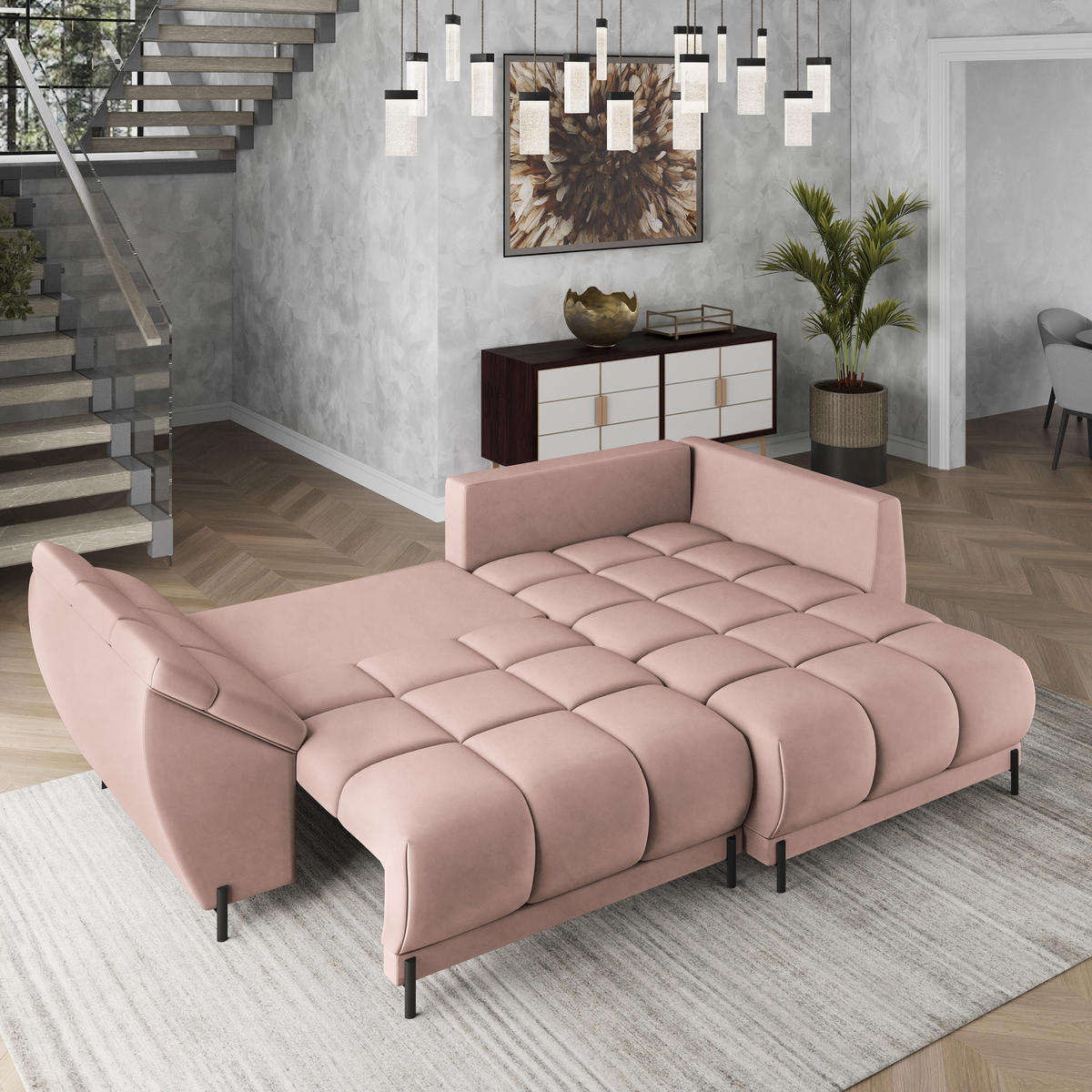 ECKSOFA VESTANO R-S Rosa Velours-Stoff mit Schlaffunktion - Rosa, Holz (287/182cm) - MASSENO