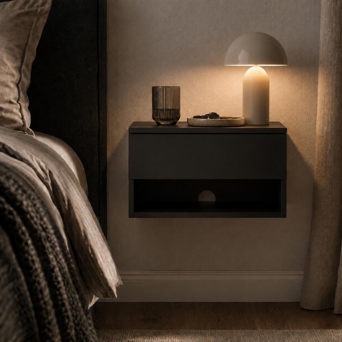 WAND-NACHTTISCH mit Schublade und Regal 40/30/21,5 cm - Schwarz, Holzwerkstoff (30/21.5/40cm) - SCENA LIVING