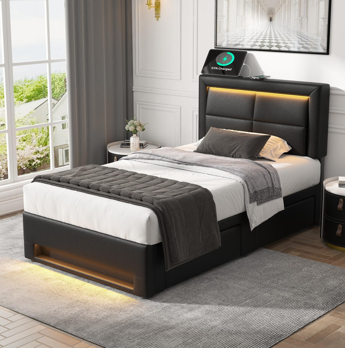 POLSTERBETT aus PU 90x190 cm Schwarz mit LED-Beleuchtung, USB-Ladefunktion und 4 Schubladen - Schwarz, Leder (90/190cm) - IVMEU