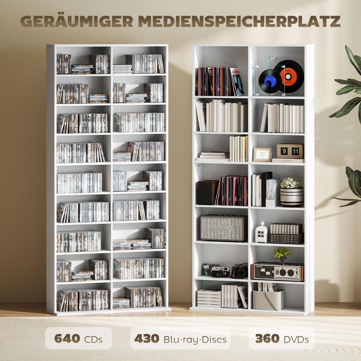 SIDEBOARD Weiß für bis zu 640 CDs,360 DVDs oder 430 Blu-rays - Weiß, Holzwerkstoff/Metall (78.5/175/24cm) - EVRYAE