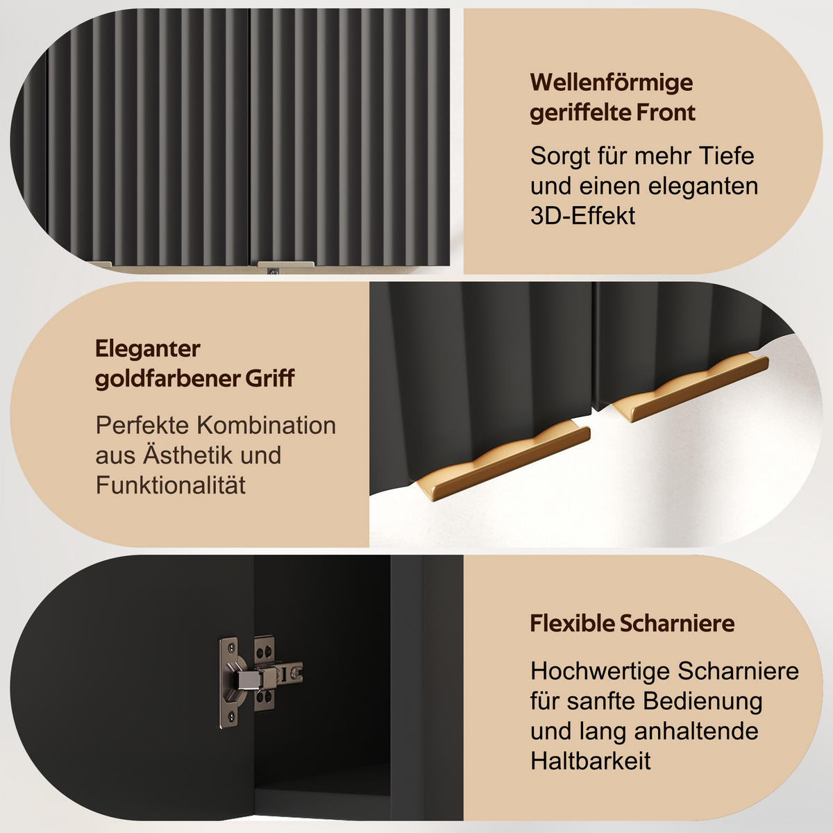 HÄNGESCHRANK DE-38748 90/29/60 cm 3 Türen und Wellenstruktur Schwarz - Schwarz, Holzwerkstoff (90/60/29cm) - ComfortXL