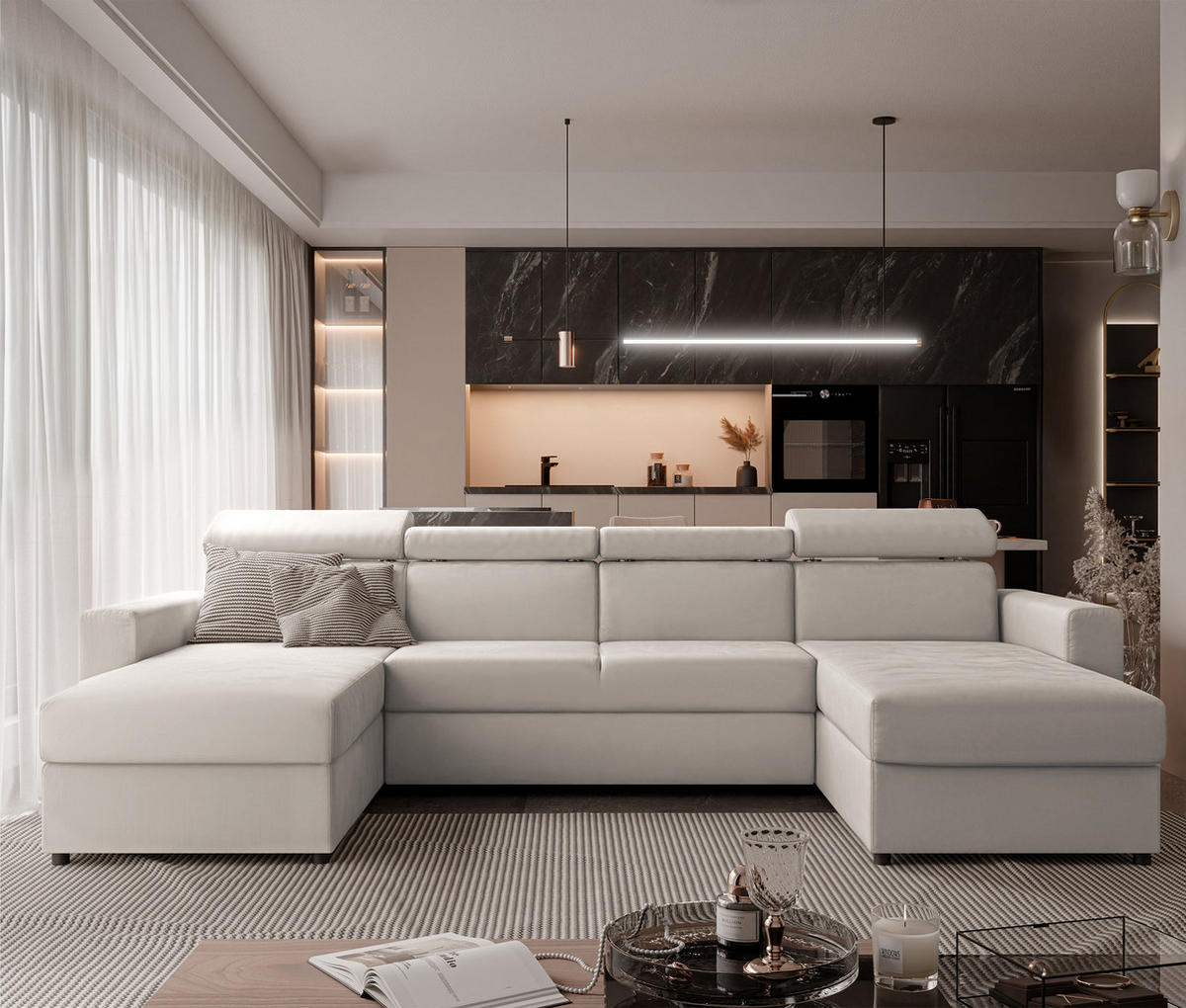 WOHNLANDSCHAFT BENI U II mit verstellbaren Kopfstützen und Schlaffunktion, Farbe Creme - Creme/Schwarz, Kunststoff/Textil (302/60/166cm) - Idohome