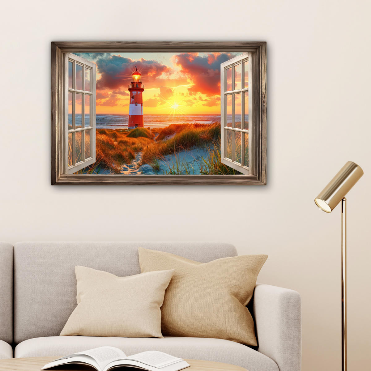 LEINWANDBILD Aussicht - Fenster - Leuchtturm - Sonnenuntergang - Strand Wanddeko 90x60 cm - Dunkelorange, Textil (90/60cm) - MuchoWow