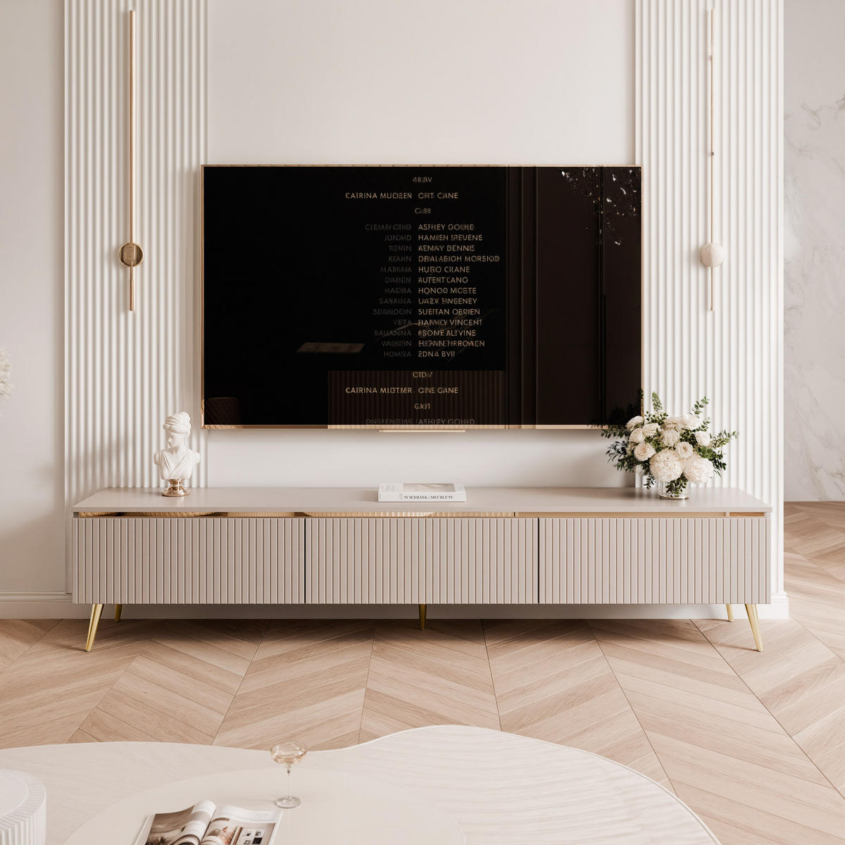 GERIFFELTER TV-Schrank SELIA 200 cm auf Füßen, Kaschmir mit goldener Zierleiste - Kaschmir, Holzwerkstoff (200/42/35cm) - Idohome
