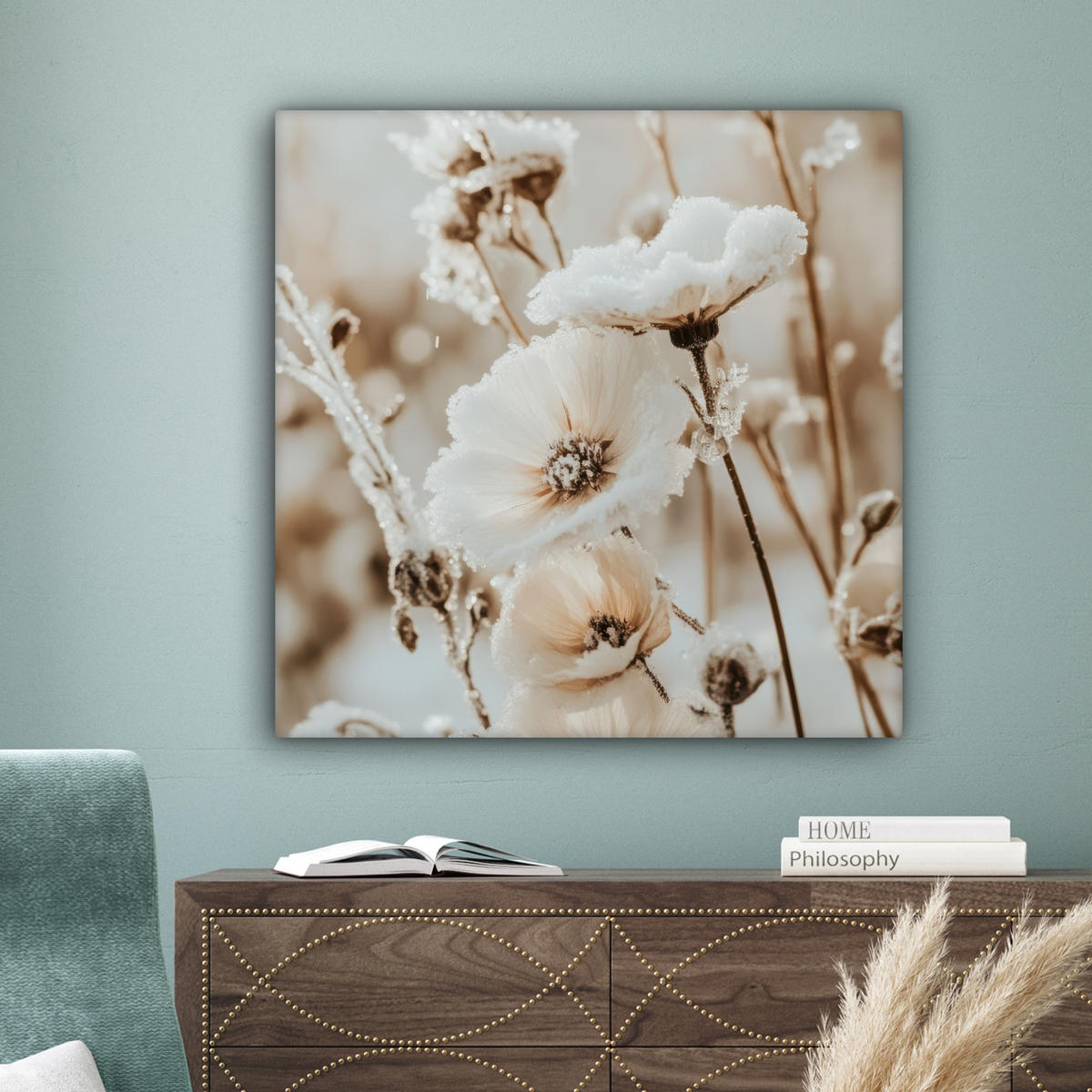 LEINWANDBILD Blumen - Winter - Weiß - Schnee - Beige 90x90 cm - Creme, Textil (90/90cm) - MuchoWow