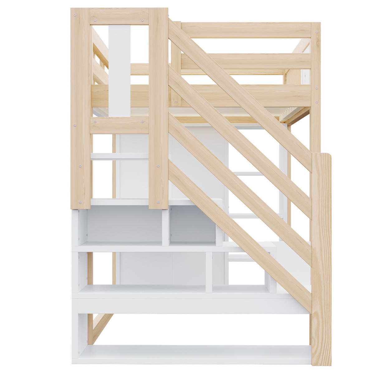 HOCHBETT aus Kiefernholz 90x200 cm Weiß/Holzfarbe mit Schreibtisch, LED-Beleuchtung, Steckdosen und Stauraum - Weiß, Holz (90/200cm) - Modfu