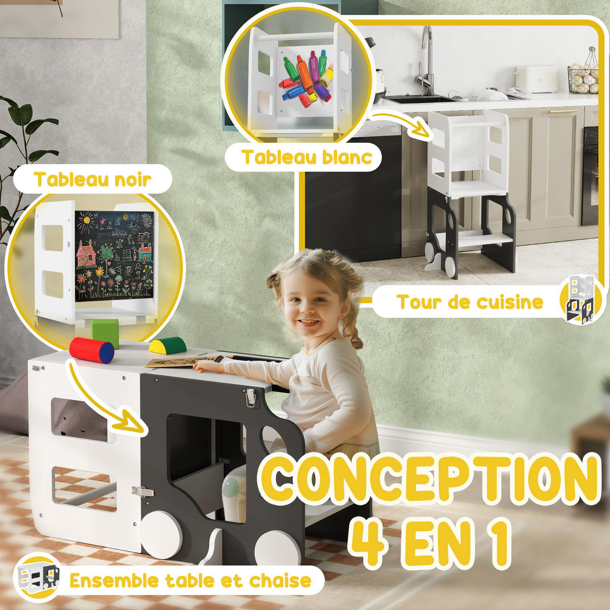 LERNTURM DE-17248 4-in-1 mit doppelseitiger Tafel & Autodesign Grau - Weiß, Holzwerkstoff (46/92/58cm) - ComfortXL