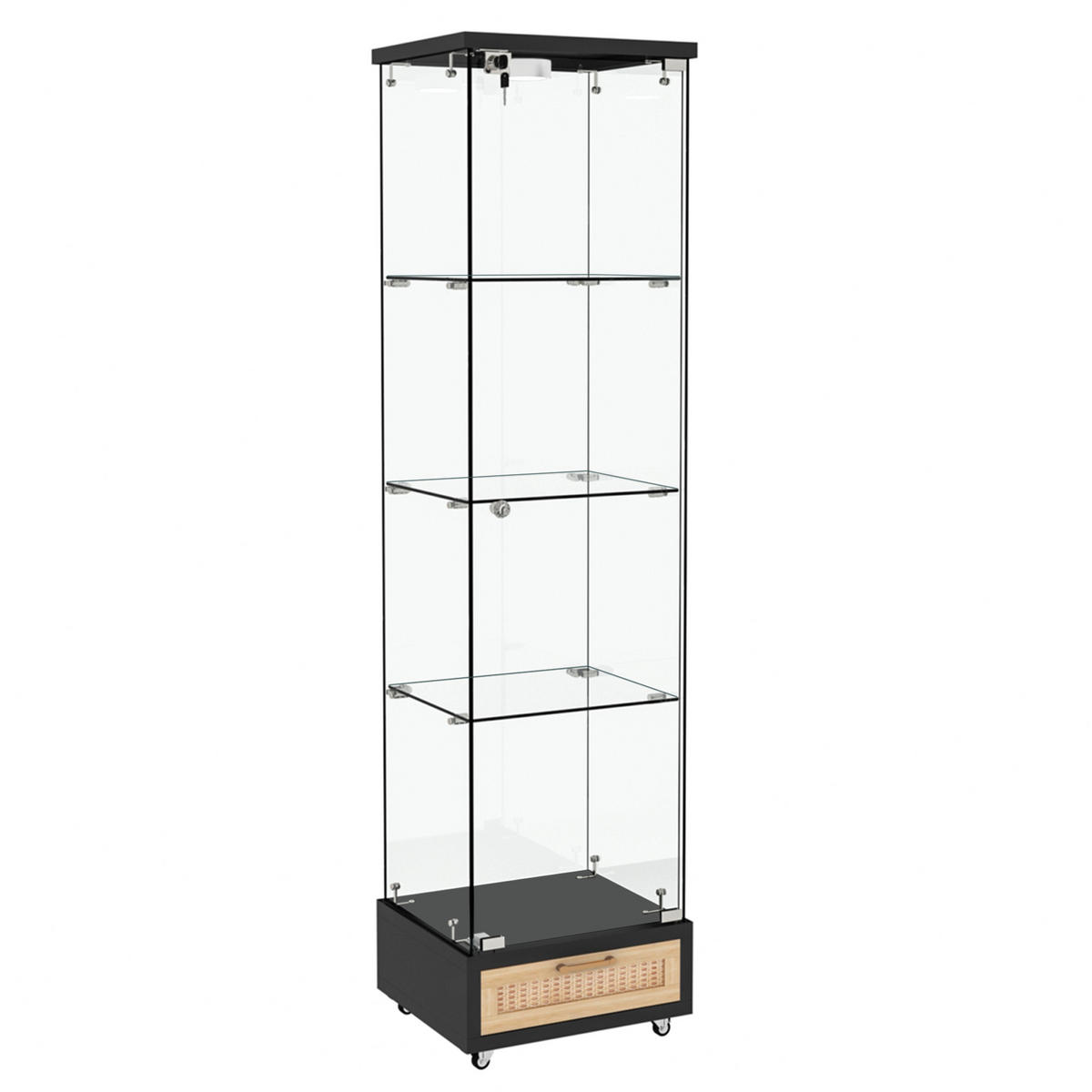 VITRINE aus MDF und Glas 36,5x42,5x167 cm Schwarz mit LED-Beleuchtung, Rollen und abschließbarem Stauraum - Schwarz, Holzwerkstoff (42.5/167/36.5cm) - Modfu