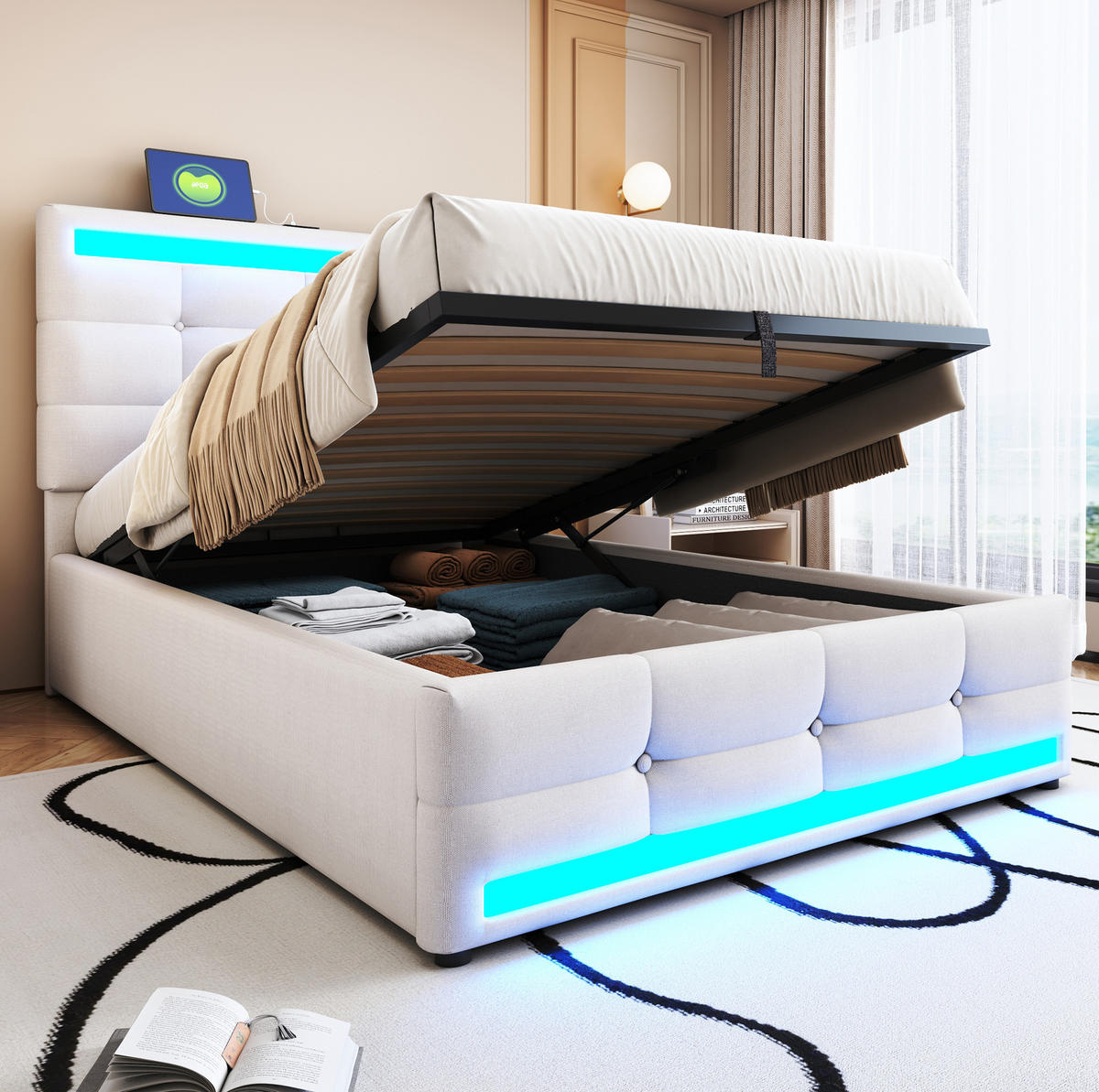 POLSTERBETT 90/200 cm Beige aus Leinen mit Stauraum und LED-Beleuchtung mit USB - Beige, Textil (90/200cm) - OKWISH