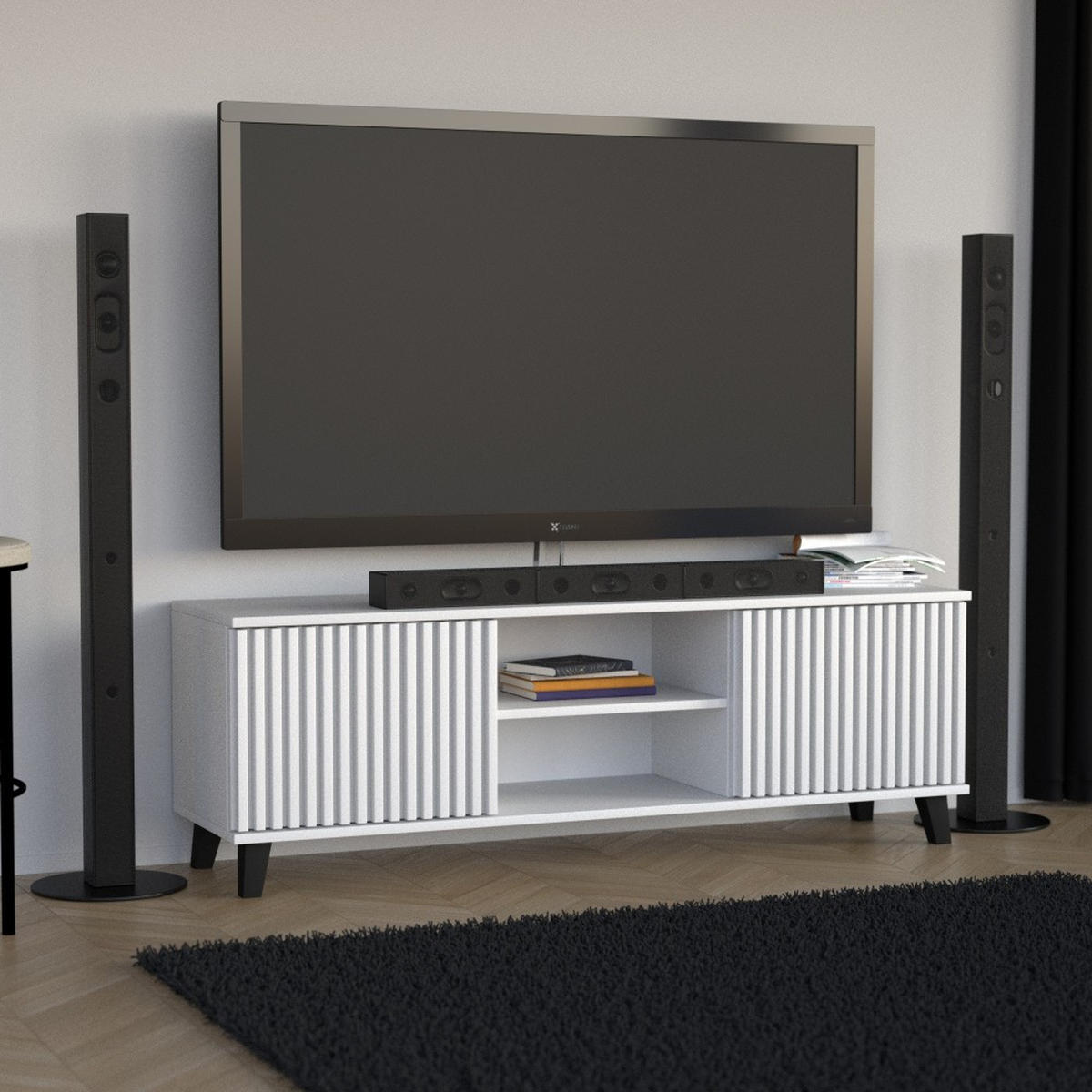 LOWBOARD Home mit 2 Türen und Lamellen, ohne Griffe, Weiß - Schwarz/Weiß, Holzwerkstoff (150/50/40cm) - Beautysofa