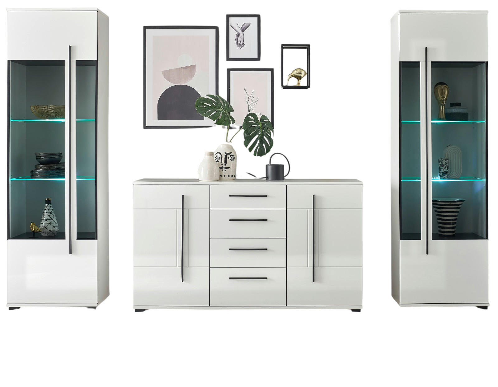 Furn.Design Wohnwand Weiß, Weiß Hochglanz 290x200x42 cm