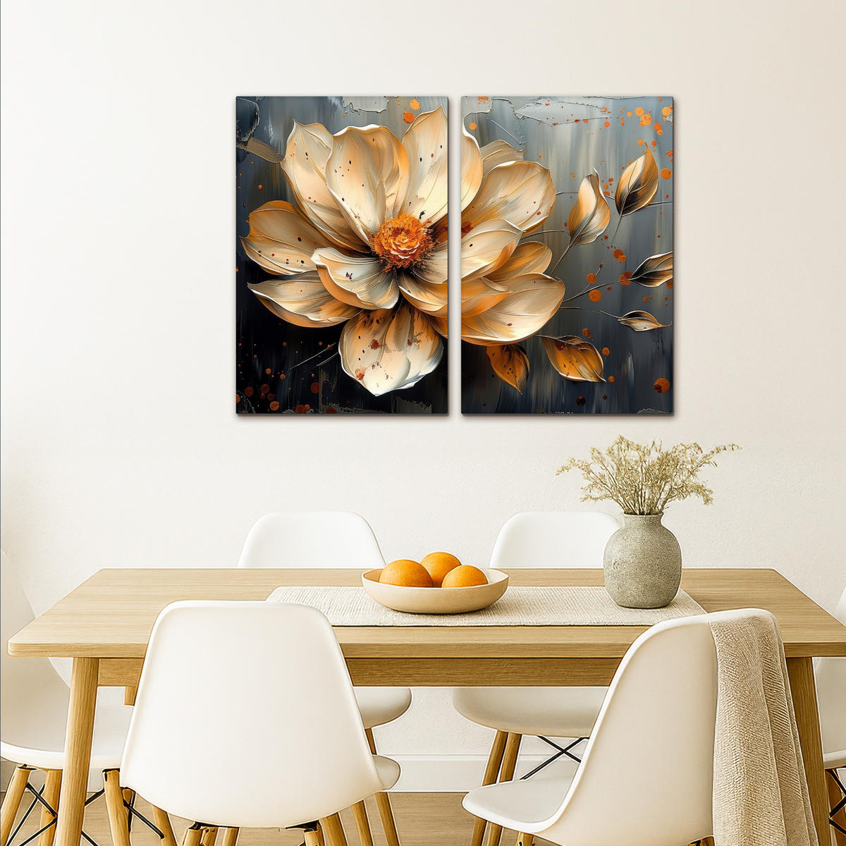 LEINWANDBILD 2er Set Blume - Gold - Abstrakt - Farbe 80x60 cm - Creme, Textil (80/60cm) - MuchoWow