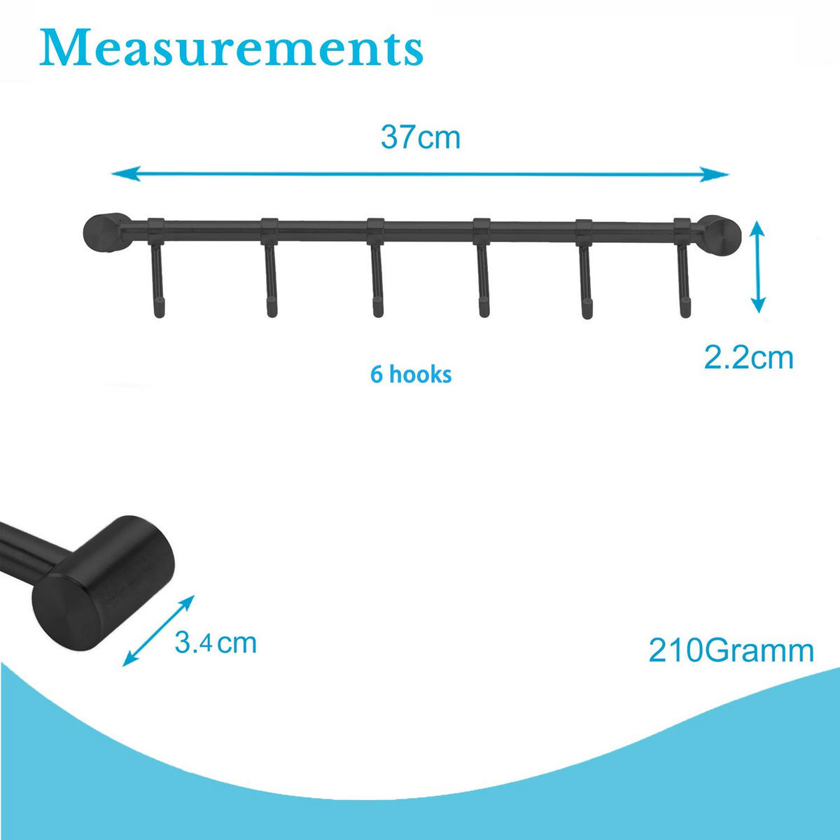 KÜCHEN HAKENLEISTE mit 7 Haken - Schwarz, Metall (3.4/2.2/35.8cm) - Intirilife