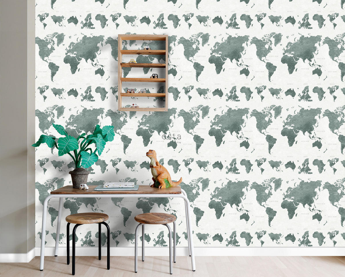TAPETE vintage Weltkarten 53 cm x 10.05 m - Grün, Papier (53/1000cm) - ESTAhome