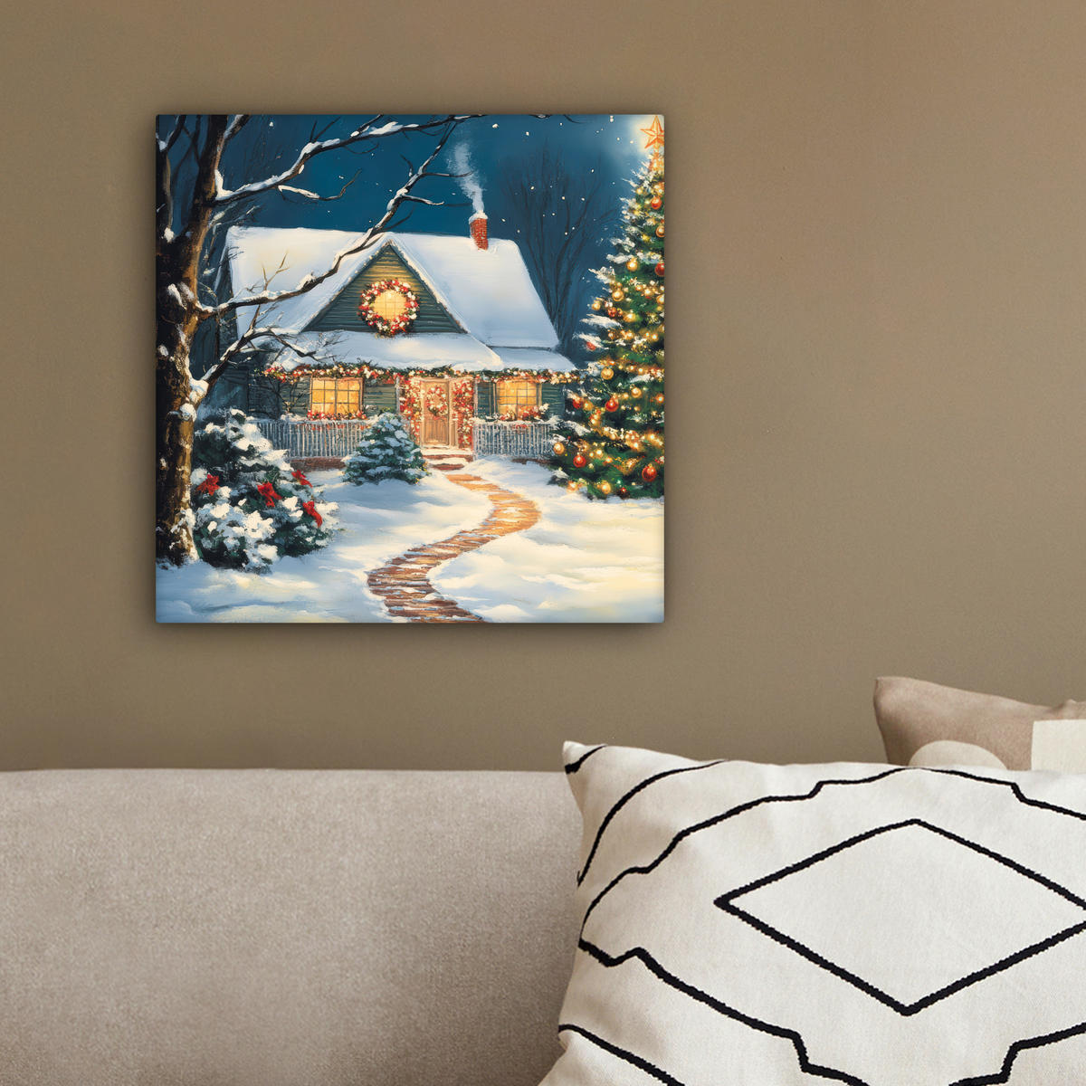 LEINWANDBILD Weihnachten - Weihnachtsbaum - Winter - Zuhause - Schnee 20x20 cm - Smaragdgrün, Textil (20/20cm) - MuchoWow