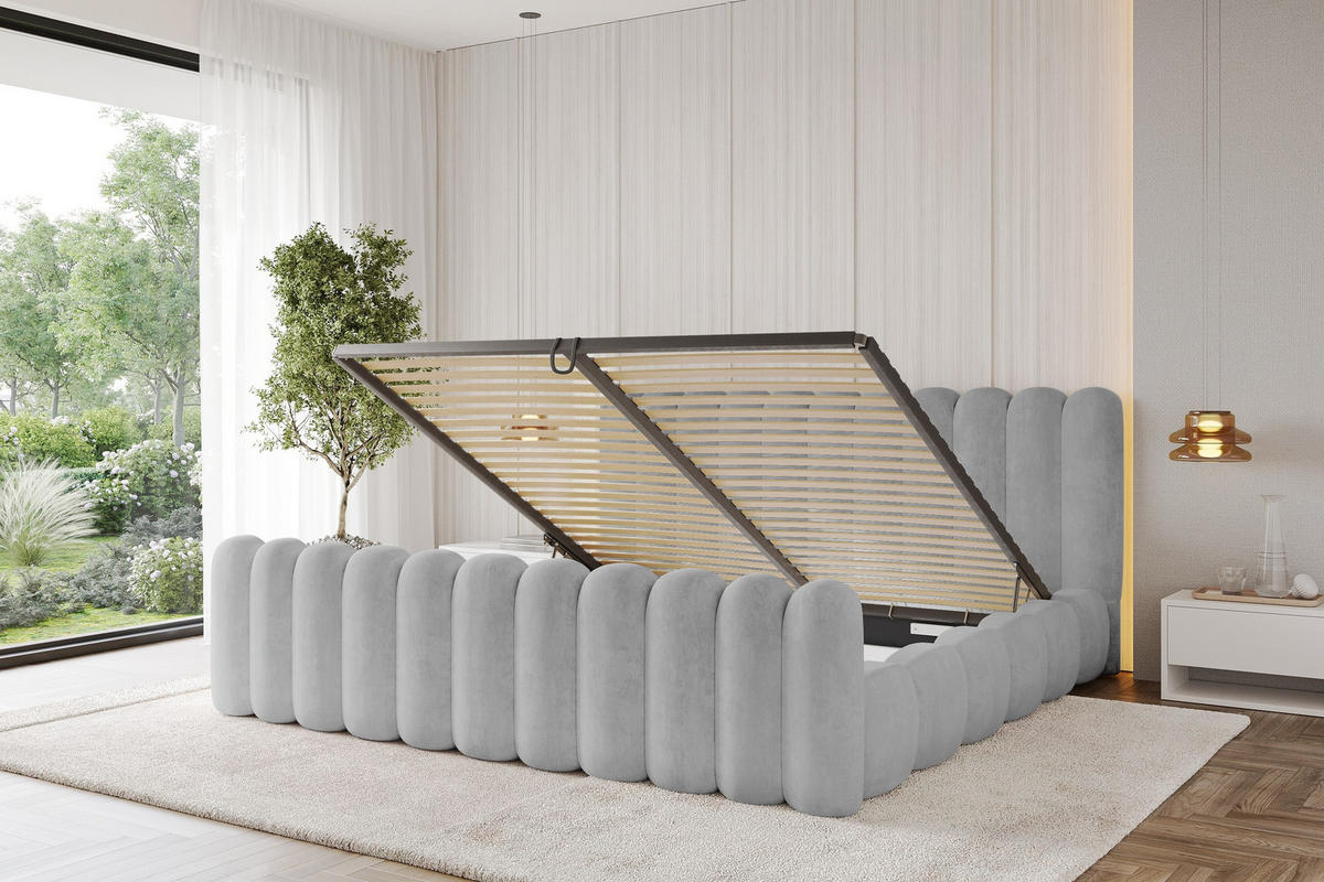POLSTERBETT mit Bettkasten, Fußteil und Lattenrost, Boxbett ohne Matratze - SENA-Z 200x200 Grau - Hellgrau, Holzwerkstoff/Textil (200/200cm) - ALTDECOR