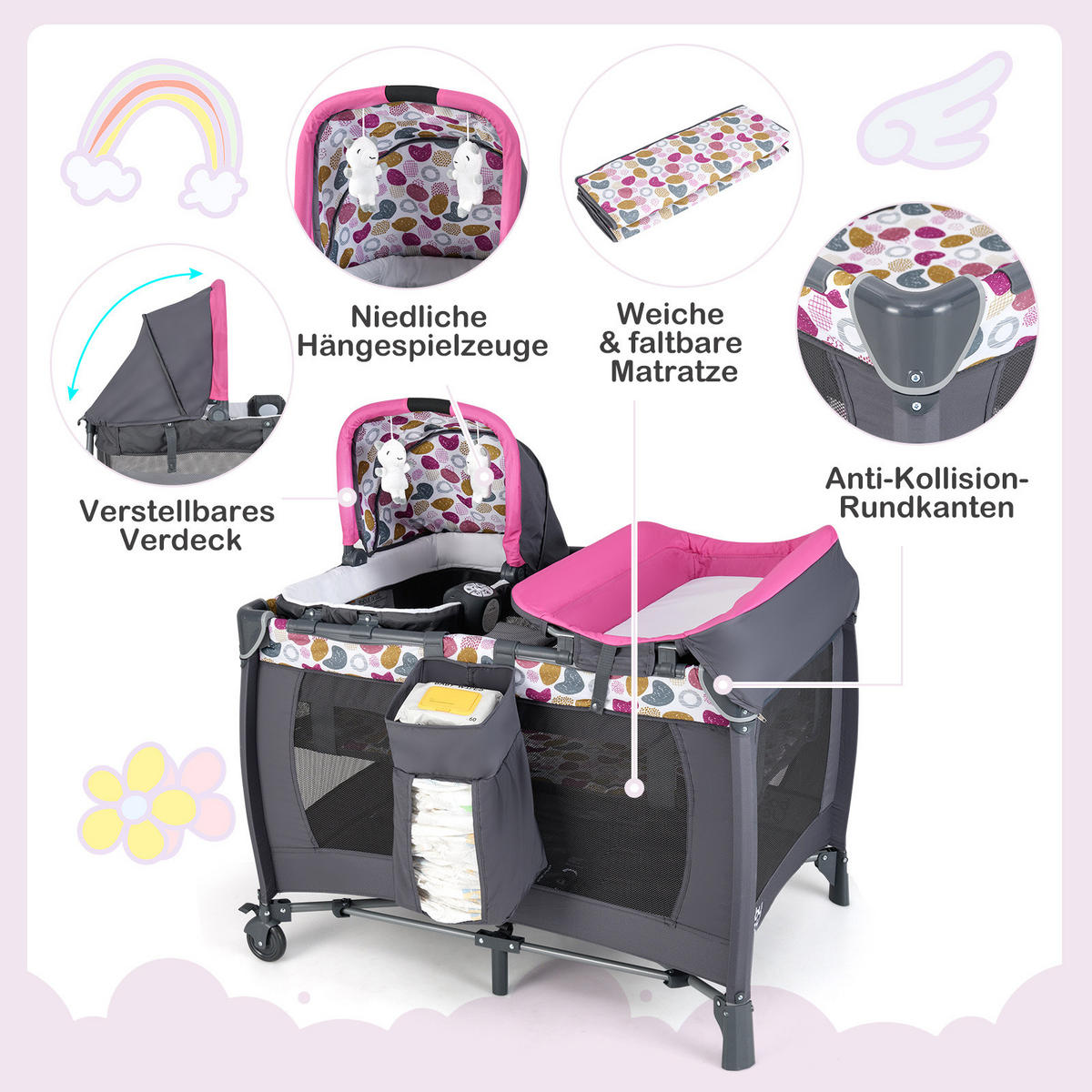 BABYBETT mit Matratze rosa - Pink, Textil - COSTWAY