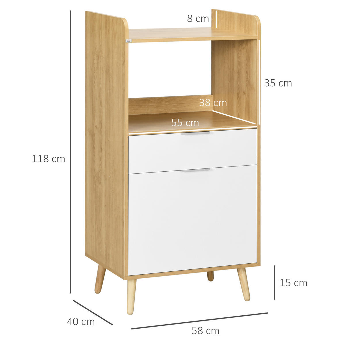 KÜCHENWAGEN, Mikrowelle, Schrank, Schublade, verstellbarer Boden, Natur/Weiß, 58x40x118cm - Multicolor, Metall (58/118/40cm) - FORIOUS