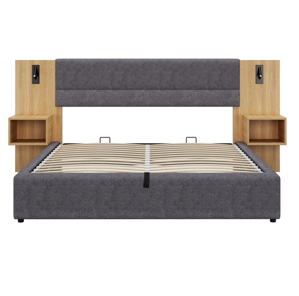 POLSTERBETT aus Samt 180x200 cm Natur/Grau mit hydraulischem Bettkasten, USB und 2 Nachttischen - Grau, Textil (180/200cm) - IVMEU