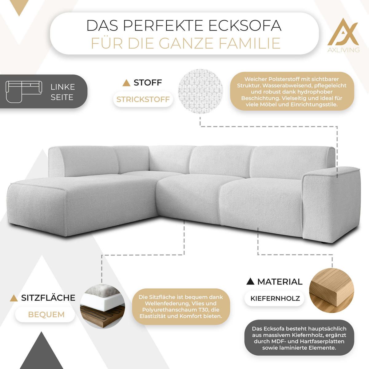 ECKSOFA L Form Didim Ivory 292/220/78 cm – großes Sofa stilvoll & bequem L - Greige/Champagner, Kunststoff/Textil (220/292cm) - AX Living