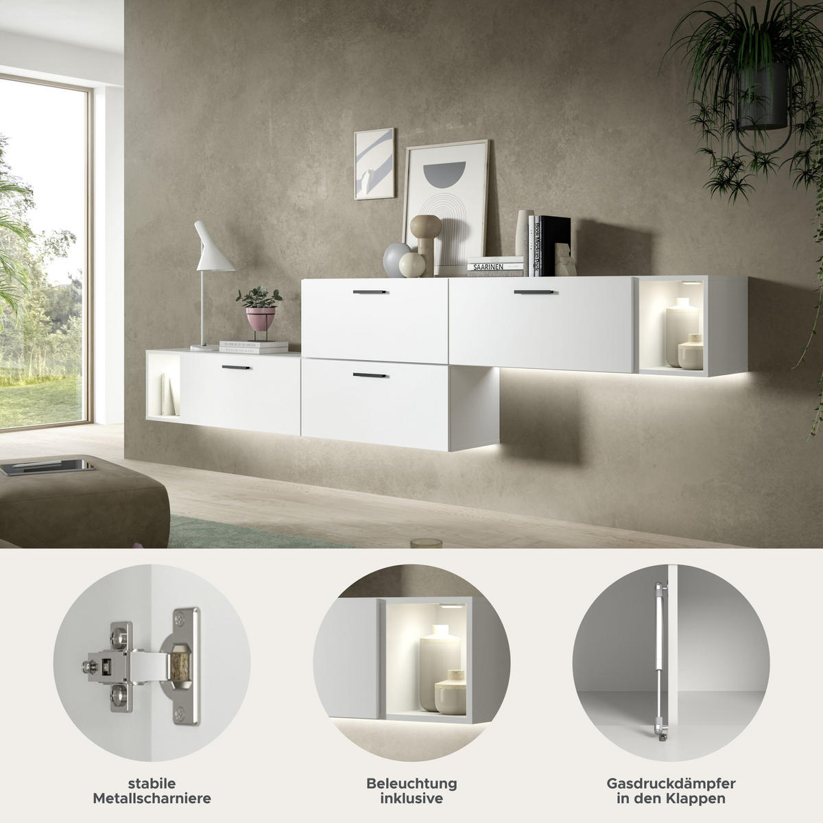 WOHNWAND INKL BELEUCHTUNG The One weiß 276/34/97 cm - Weiß, Holzwerkstoff (276/97/34cm) - Xonox