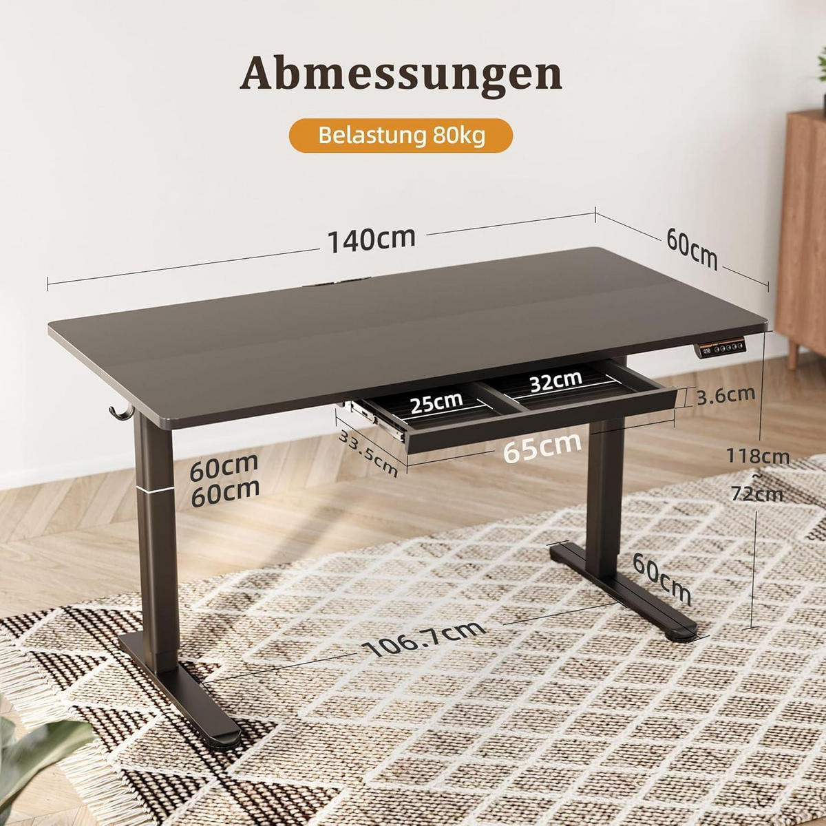 SCHREIBTISCH höhenverstellbar 140 x 60 cm mit Schublade und Memory-Funktion Schwarz - Schwarz, Metall (60/120/118cm)