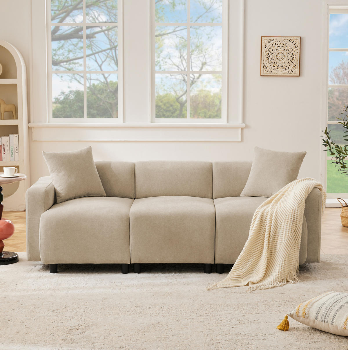 3-SITZER-SOFA 211/67/71 cm mit 2 Kissen, breiter Sitzfläche und Chenille-Bezug, Beige - Beige, Textil (211/71/67cm) - Redom
