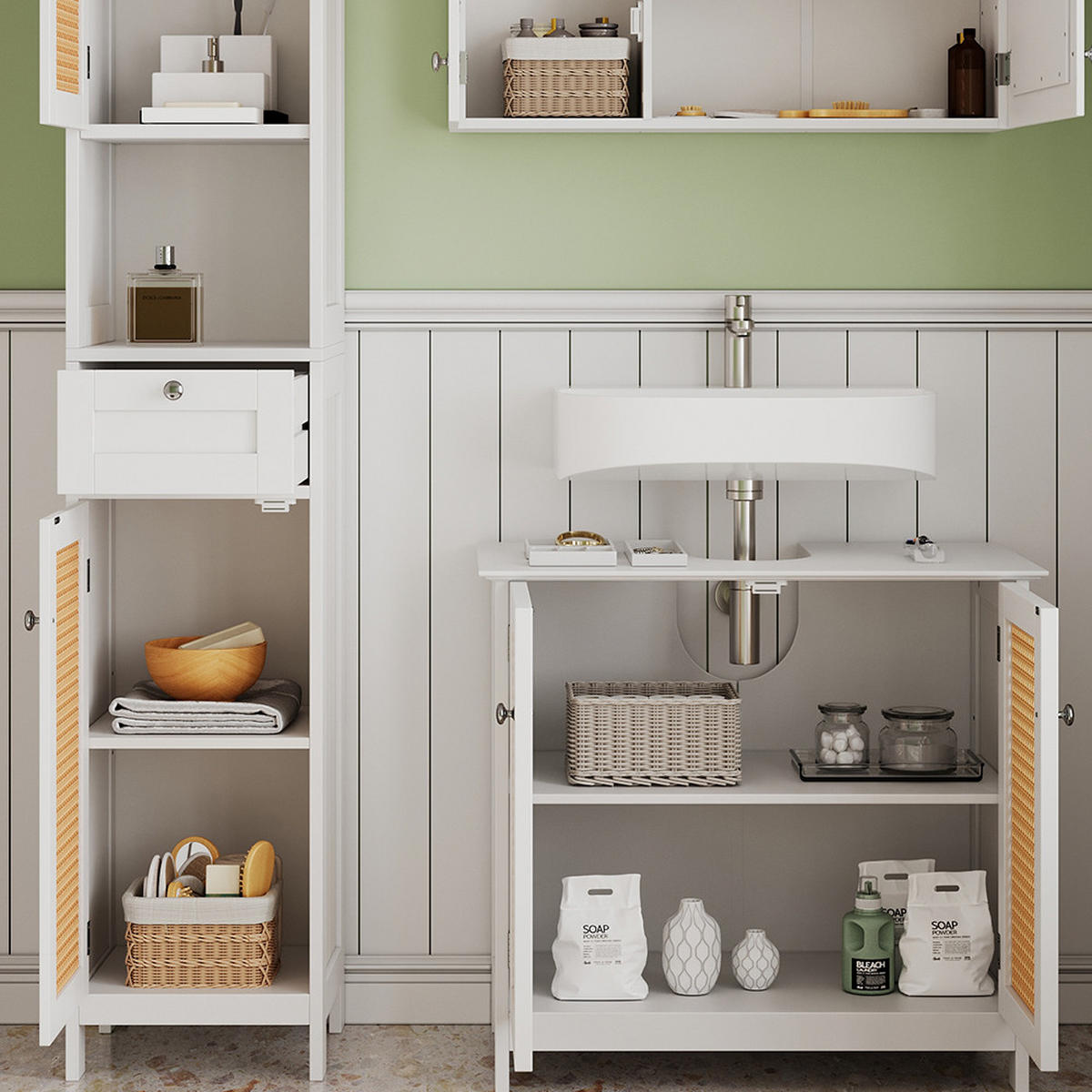 BADMÖBEL-SET Rosario Weiß 3 teilig, mit Hochschrank - Weiß, Holzwerkstoff (60/58/35cm) - Vicco