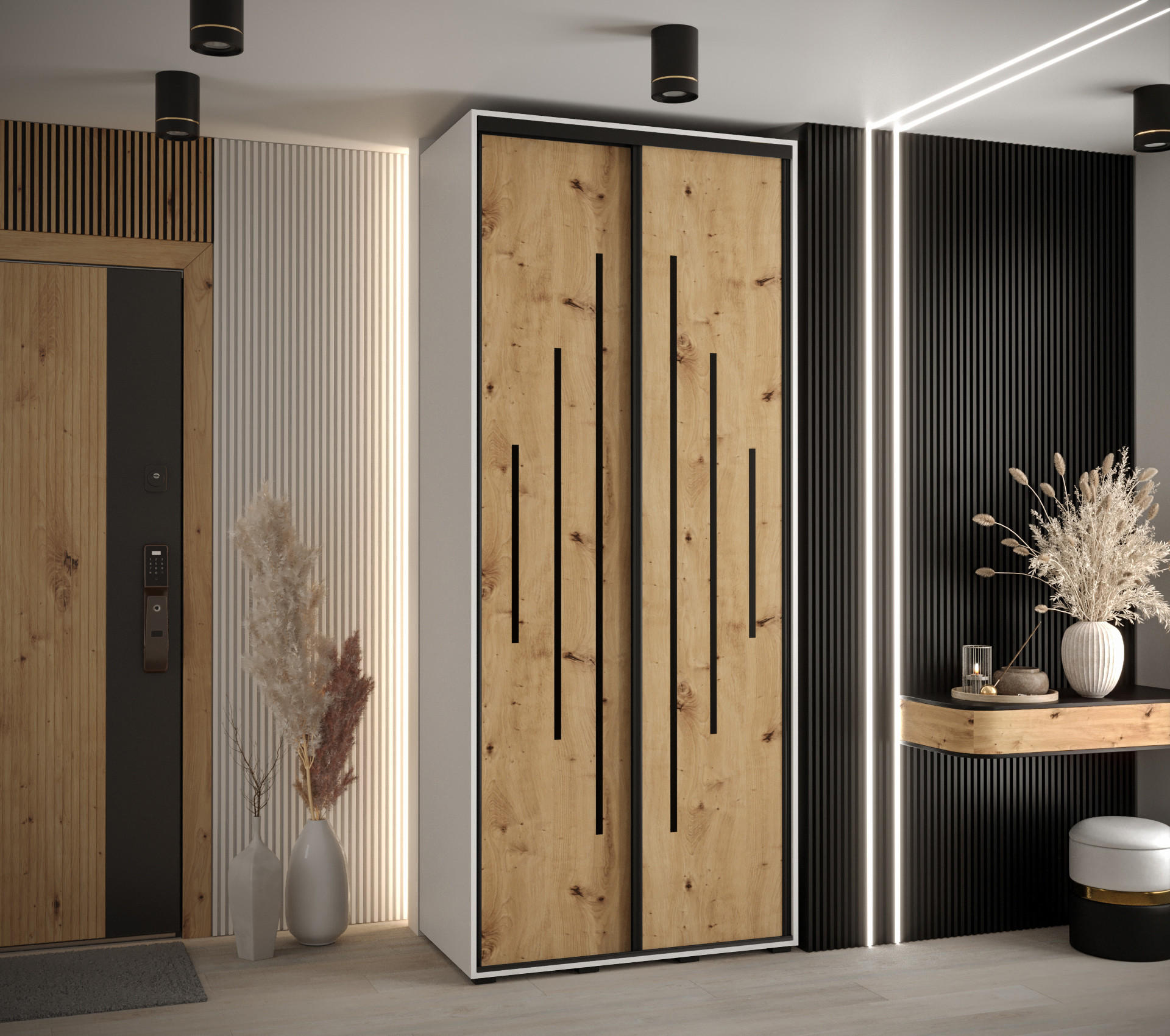 SCHWEBETÜRENSCHRANK 235,2/120/60 2-türig - Schwarz/Eiche Artisan, Holz/Metall (120/235/60cm) - Abiks Möbel