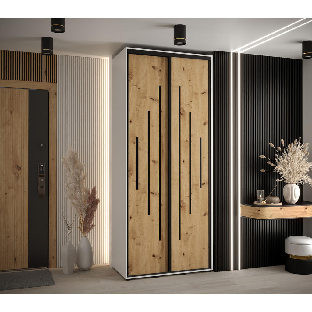 Thumbnail - Abiks Möbel Schwebetürenschrank, Weiß, Eiche Artisan, Schwarz, Metall, Nachbildung, 6 Fächer, 100x235x45 cm, Schlafzimme...