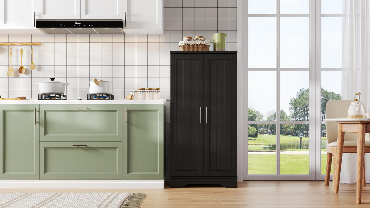 HOCHSCHRANK 2-türig aus MDF mit LED-Sensorlicht, moderner Stauraum für Küche und Wohnraum, 120/60/40 cm, Schwarz - Schwarz, Holzwerkstoff (60/120/40cm) - Redom