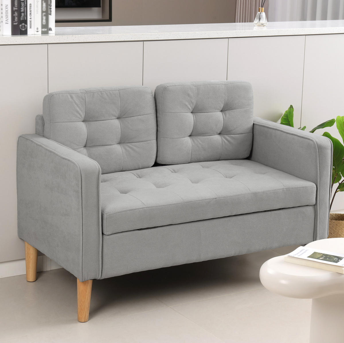 2-SITZER 117/62/78 cm hellgrau aus Samt mit Stauraum - Hellgrau, Textil (62/78/117cm) - OKWISH