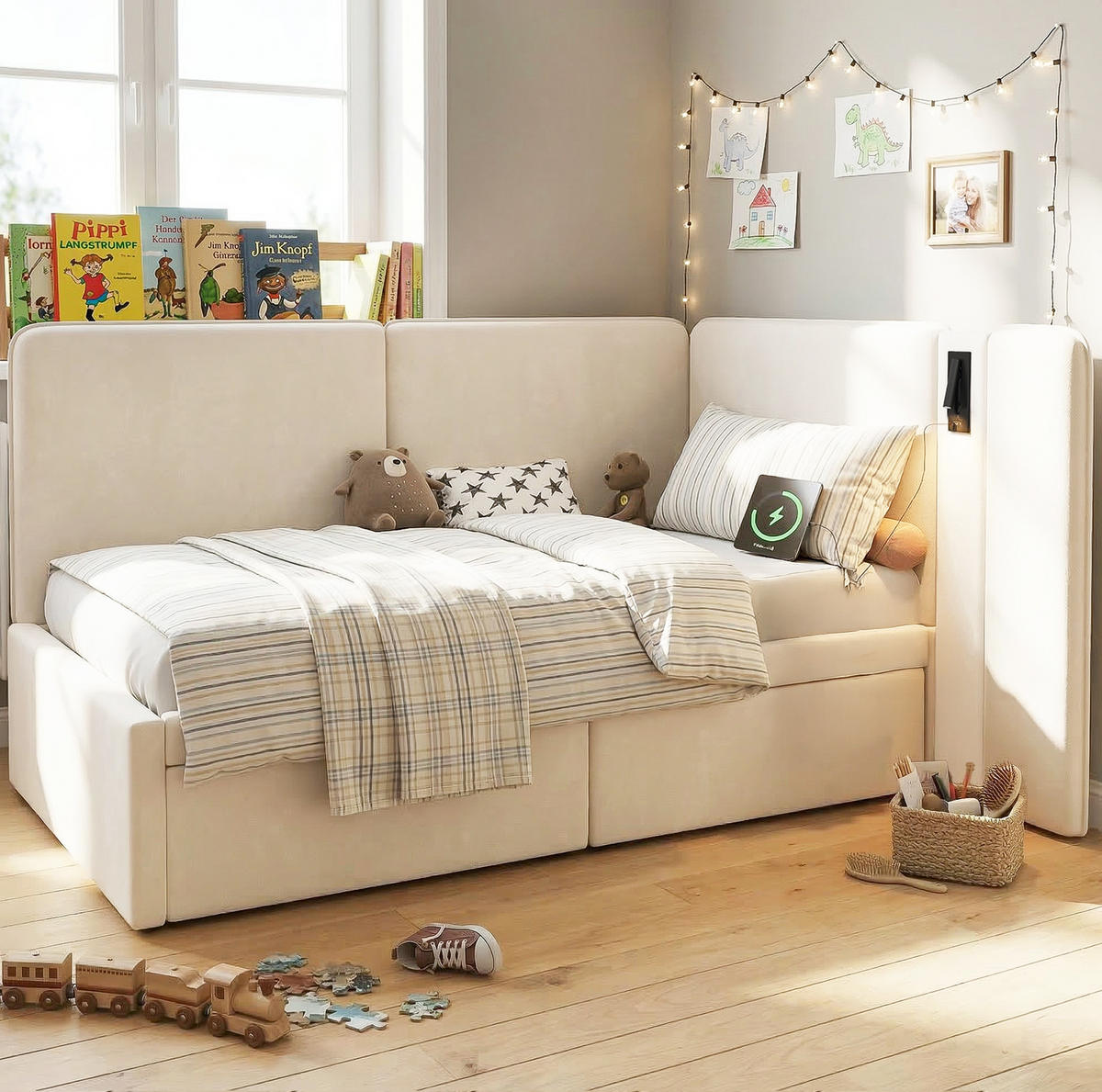 TAGESBETT 90/200 cm mit 2 Schubladen, USB- und Typ-C-Anschluss sowie Leselampe, Samtbezug, Beige - Beige, Textil (90/200cm) - Redom