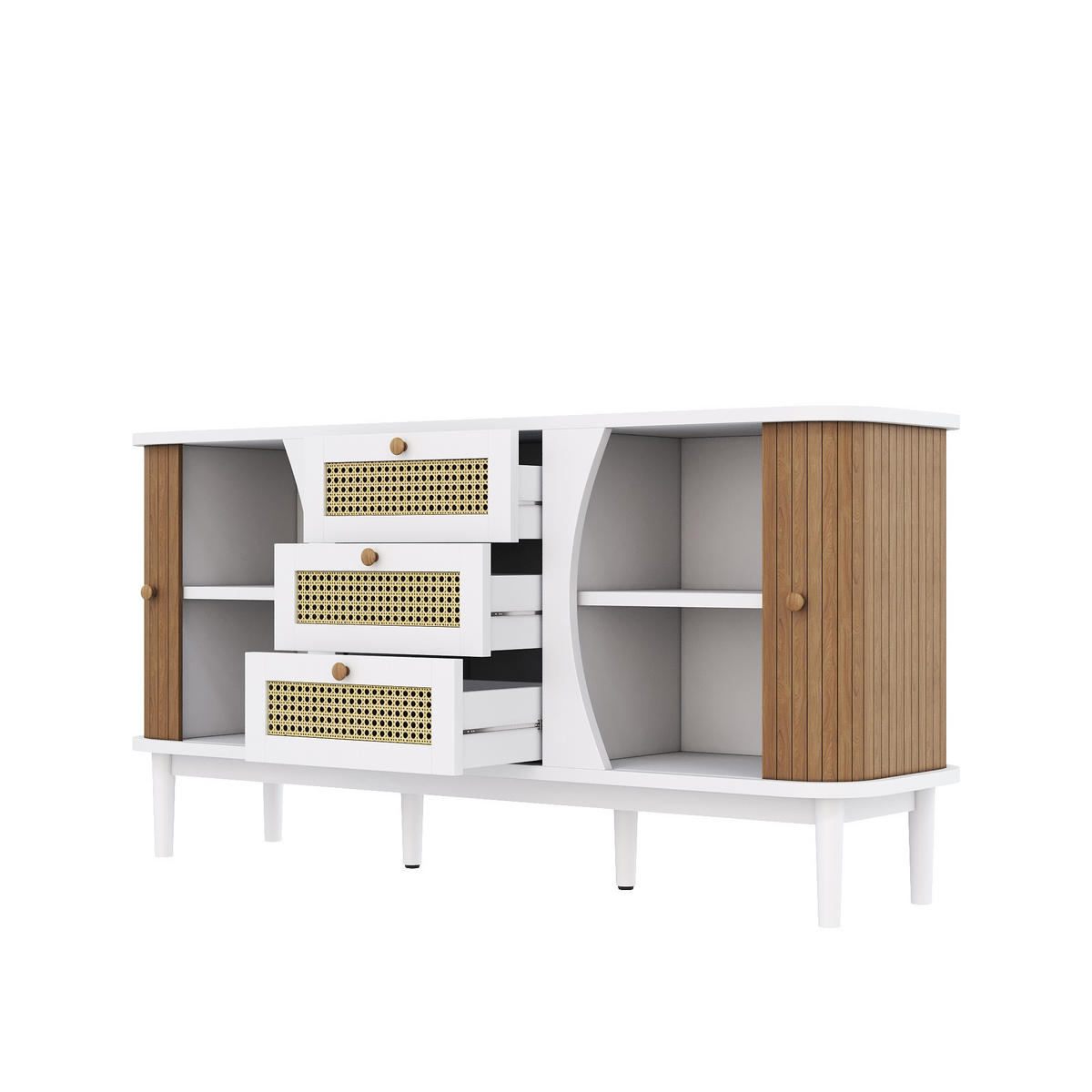 SIDEBOARD 140,5/40/76 cm mit 2 Türen & 3 Rattanschubladen in Weiß/Holzfarbe - Weiß, Holzwerkstoff (140.5/76/40cm) - BEAOK