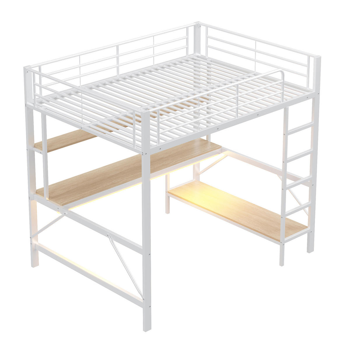 HOCHBETT 140/200 cm mit Schreibtisch, Regal, USB, Steckdose und LED-Beleuchtung aus Metall/MDF, Weiß - Weiß, Metall (140/200cm) - Redom