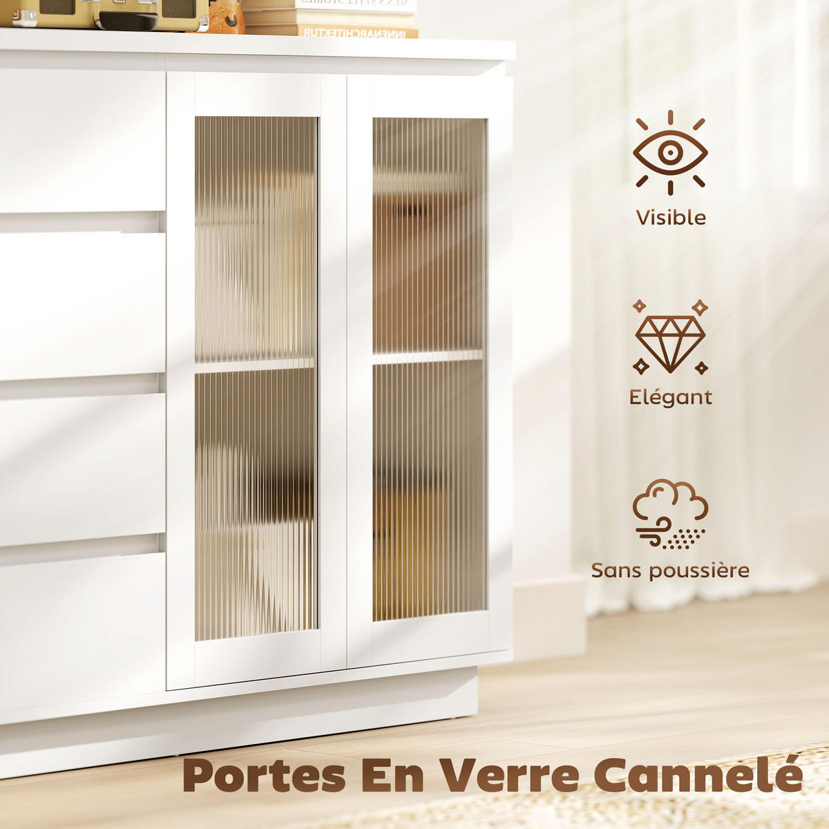 SIDEBOARD Weiß, 2 Glastüren, 4 Schubladen, 120/40/91 cm - Weiß, Holz (120/91/40cm) - PANGIVO