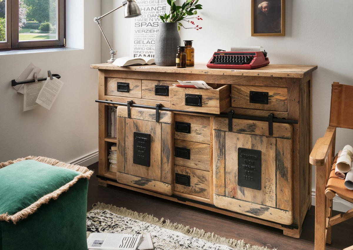 SIDEBOARD Florenz Vintage - 150 cm - Mangoholz - Schwarz/Braun, Holz/Metall (150/90/45cm) - bene living