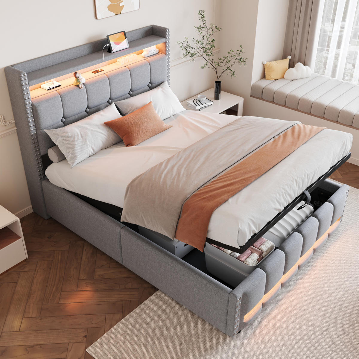 POLSTERBETT mit Bettkasten, LED und USB 140x200 cm Leinen Hellgrau - Hellgrau, Metall (140/200cm) - Beauniv