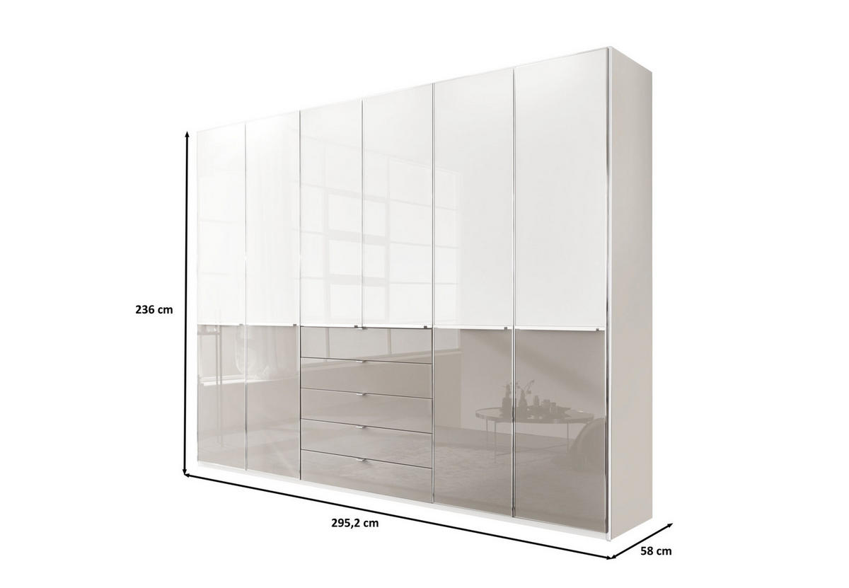 SCHLAFZIMMER Sentara in Weiß und Kieselgrau 4-teilig mit Kleiderschrank 300cm Breite inklusive Beleuchtung, Doppelbett 180x200cm, zwei Nachttische - Weiß, Holzwerkstoff (80/200/120cm)