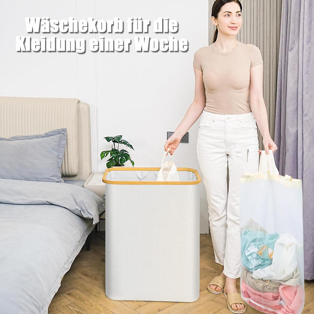 WÄSCHEKORB mit Deckel 145L 3 Fächer Beige - Beige, Textil (37/69/57cm)