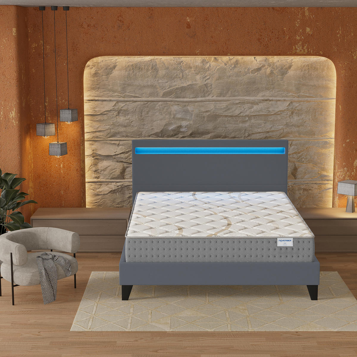 POLSTERBETT und MATRATZE - 140 x 200 cm - Taschenfederkern - 25cm dick - Grau, Naturmaterialien/Holz (140/200cm) - November Sleep