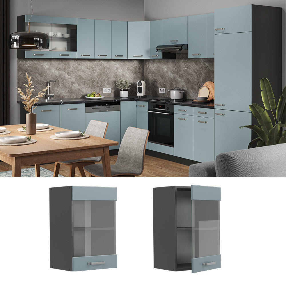 KÜCHENGLASSCHRANK R-Line Blau-Grau 40 cm - Anthrazit/Blaugrau, Holzwerkstoff (40/60/31cm) - Vicco