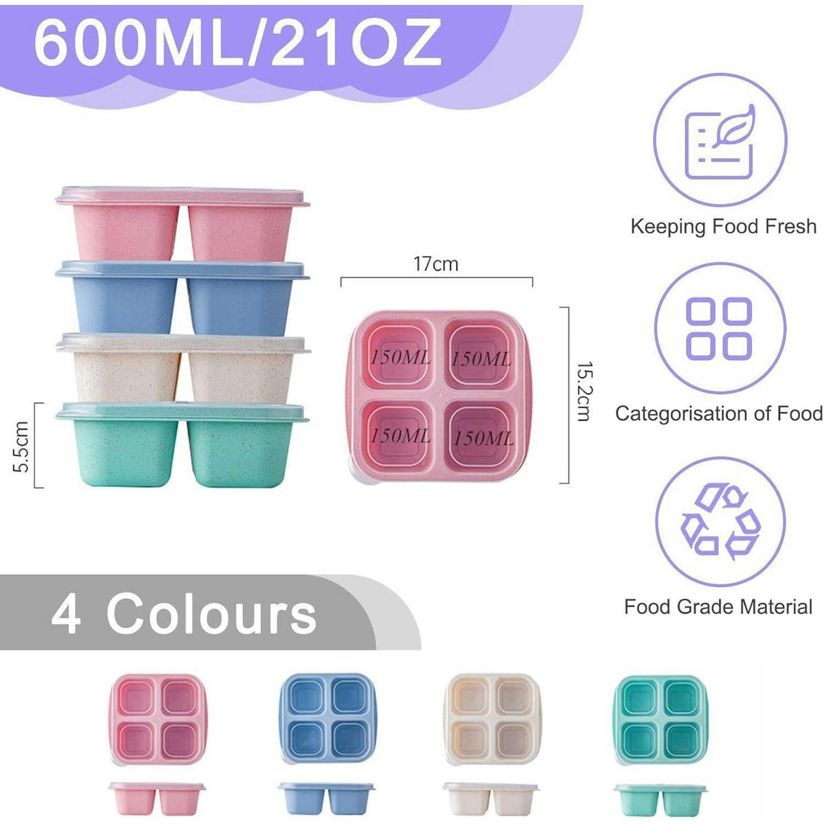 SNACKBOX 4-teiliges Set mit Fächern - Multicolor, Kunststoff (15.2/5.5/17cm)