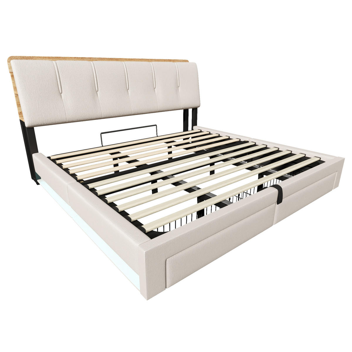 POLSTERBETT 180/200 cm mit USB-, Typ-C-Anschluss, LED und hydraulischem Stauraum, Leinen, Beige - Beige, Textil (180/200cm) - Redom